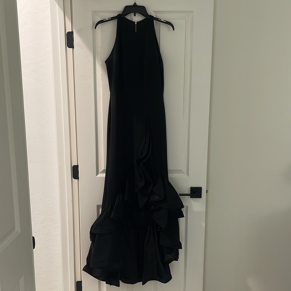 Betsy & Adam Black Ruffle Halter Gown